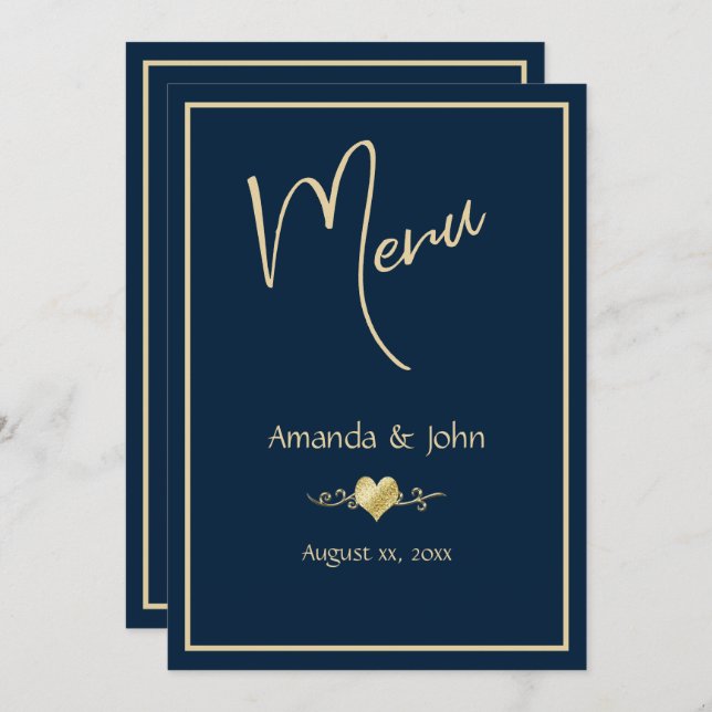 Classic Navy and Gold Wedding Reception Menu Card (Front/Back)