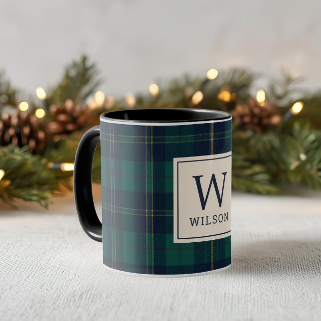 Classic Navy and Green Plaid Family Name Monogram Mug (Creator Uploaded)