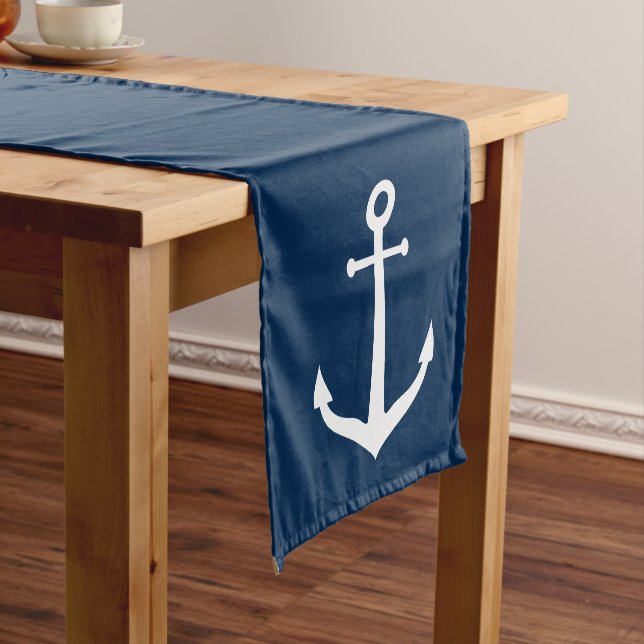 Classic Navy and White Nautical Anchor Short Table Runner (In Situ)