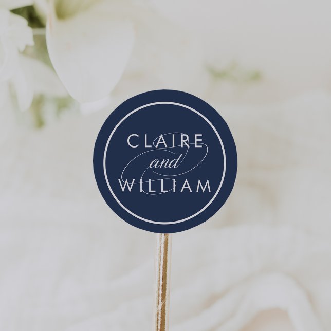 Classic Navy and White Personalised Wedding Classic Round Sticker (Creator Uploaded)