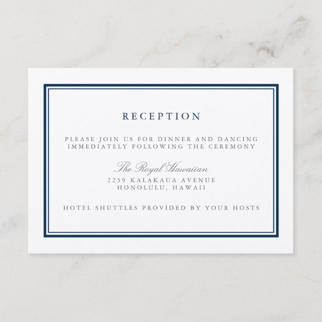 Classic Navy and White Wedding Reception Enclosure Card (Front)