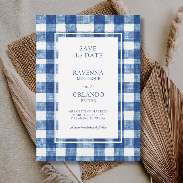 Classic Navy Baby Blue Plaid Gingham Wedding Save The Date (Creator Uploaded)