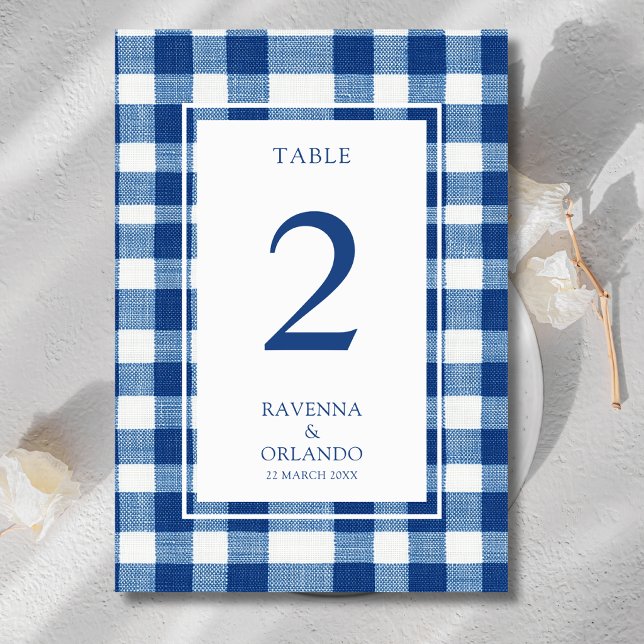 Classic Navy Baby Blue Plaid Gingham Wedding Table Number (Creator Uploaded)