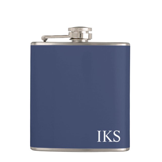 Classic Navy Blue and White Monogram Stylish  Hip Flask (Front)
