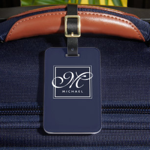 Classic Navy Blue and White Script Monogram Luggage Tag