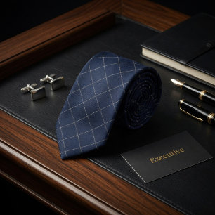 Classic Navy Blue and White Windowpane Check  Tie