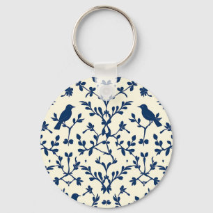 Classic Navy Blue Bird Damask Toile Silhouette  Key Ring