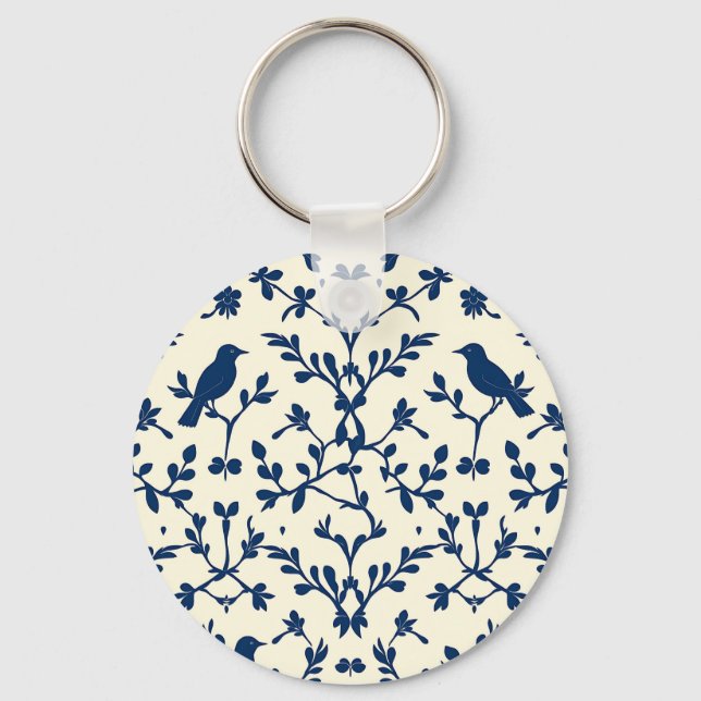 Classic Navy Blue Bird Damask Toile Silhouette  Key Ring (Front)