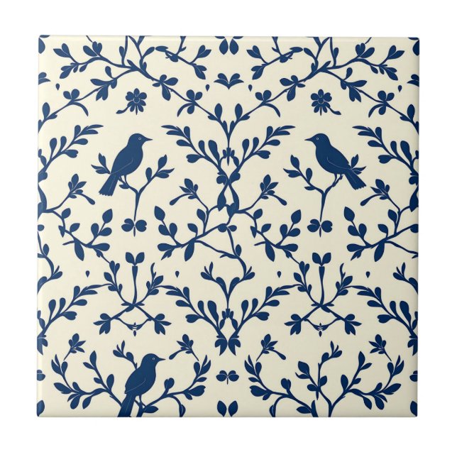 Classic Navy Blue Bird Damask Toile Silhouette  Tile (Front)