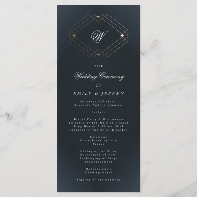 Classic Navy Blue Calligraphy Monogram Wedding Programme (Front)