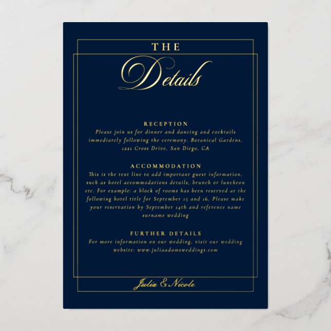 Classic Navy Blue Calligraphy Wedding Details (Front)