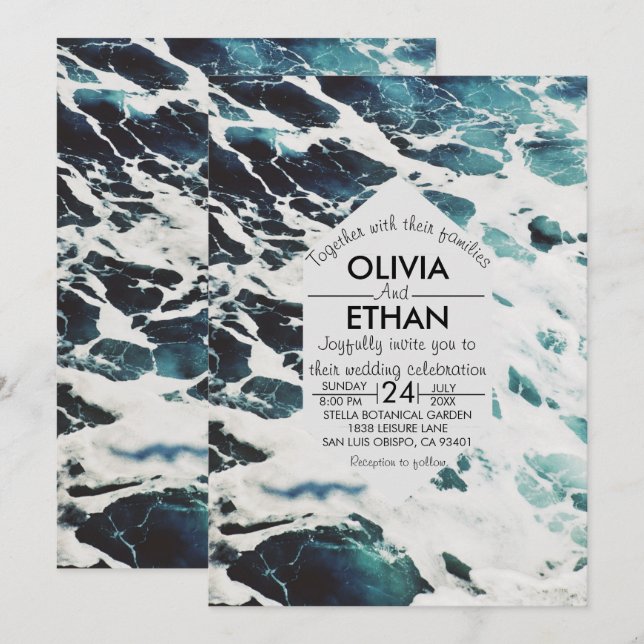 Classic navy blue coastal Wedding Invitation (Front/Back)