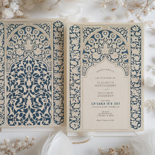 Classic Navy Blue & Cream Lace Wedding Invitation