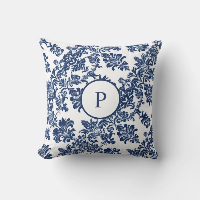 Classic Navy Blue Damask Pattern Cushion (Front)