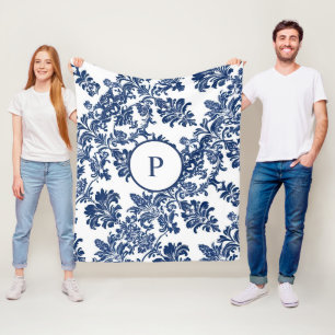 Classic Navy Blue Damask Pattern Fleece Blanket