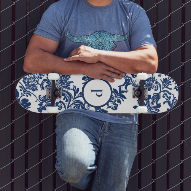 Classic Navy Blue Damask Pattern Skateboard (Outdoor 3)
