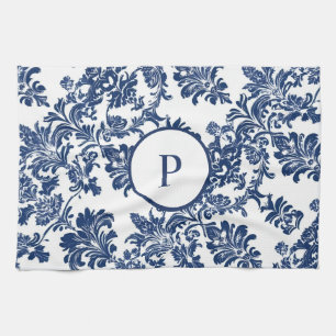 Classic Navy Blue Damask Pattern Tea Towel