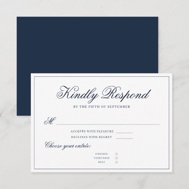 Classic Navy Blue Elegant Calligraphy Minimalist RSVP Card (Front/Back)