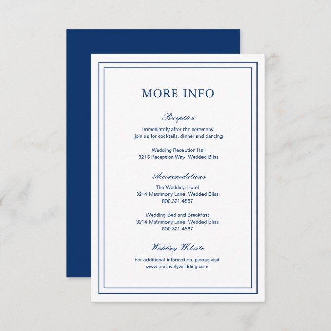 Classic Navy Blue Elegant Wedding Enclosure Card (Front/Back)