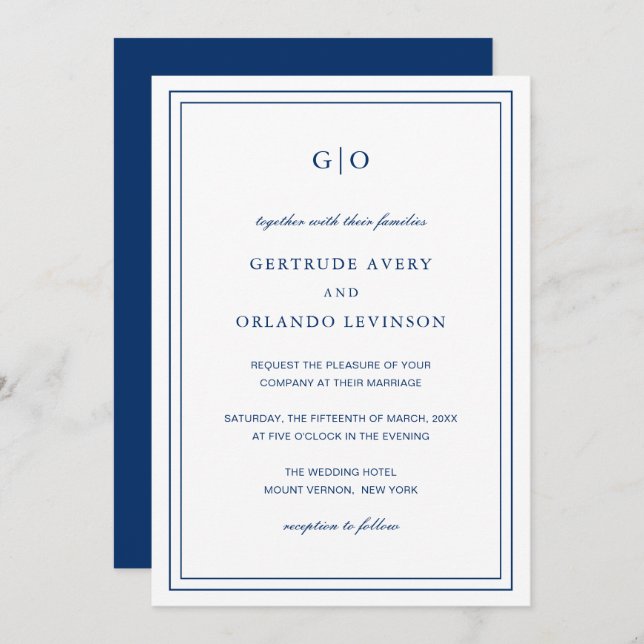 Classic Navy Blue Elegant Wedding Invitation (Front/Back)