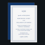 Classic Navy Blue Elegant Wedding Invitation<br><div class="desc">Classic style navy blue wedding invitation featuring a simple and minimal design with your monogram at the top and your event details surrounded by a double border.  The fonts alternate between and elegant script,  a traditional serif and minimalist sans serif fonts.  This invitation is great for a formal wedding.</div>