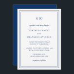 Classic Navy Blue Elegant Wedding Invitation<br><div class="desc">Classic style navy blue wedding invitation featuring a simple and minimal design with your monogram at the top and your event details surrounded by a double border.  The fonts alternate between and elegant script,  a traditional serif and minimalist sans serif fonts.  This invitation is great for a formal wedding.</div>