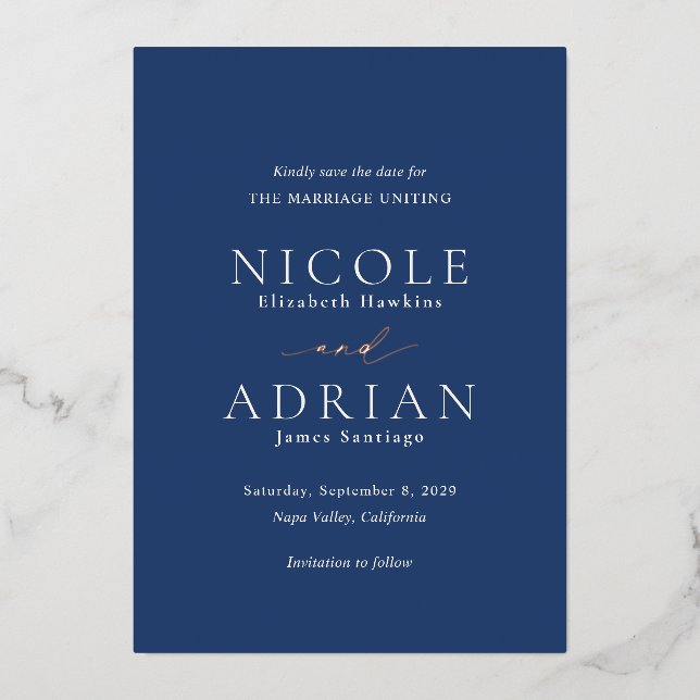 Classic Navy Blue Elegant Wedding Save the Date (Front)