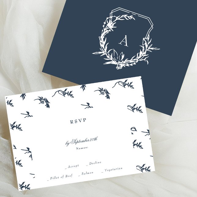 classic navy blue florals monogram crest wedding RSVP card (Creator Uploaded)
