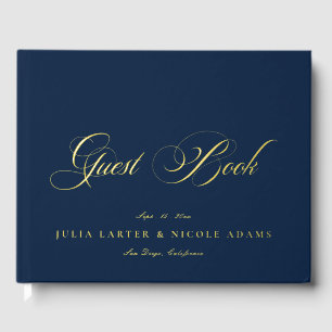 Classic Navy Blue Gold Calligraphy Wedding Guest Book