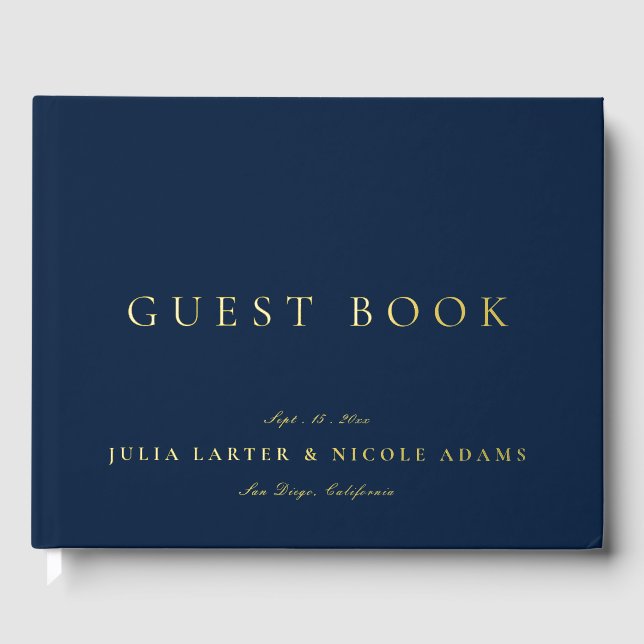 Classic Navy Blue Gold Calligraphy Wedding Guest Book (Front)