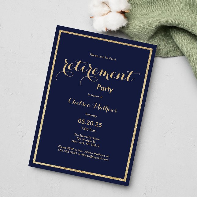 Classic navy blue gold glitter Retirement Party Invitation (Classic navy blue gold glitter Retirement Party)