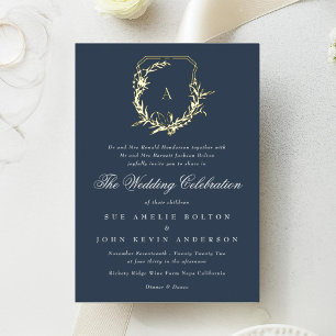 classic navy blue gold monogram crest wedding