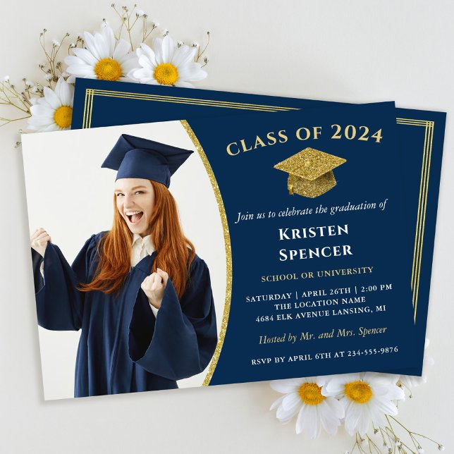 Classic Navy Blue Gold Photo Graduation Invitation (Creator Uploaded)