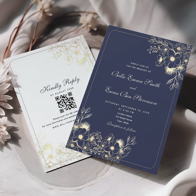 Classic Navy Blue Gold QR Code Wedding Invitation (Creator Uploaded)