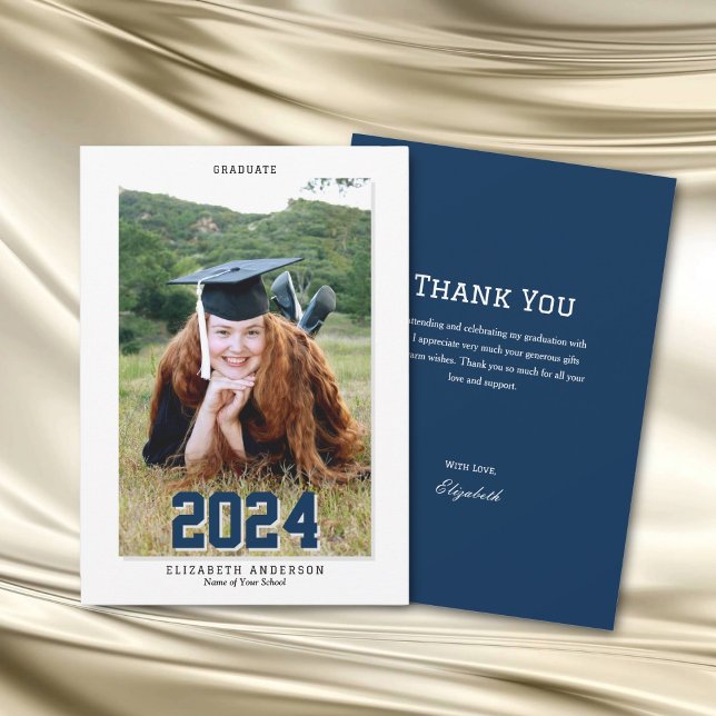 Classic Navy Blue Graduate 2024 Graduation Photo Thank You Card (Creator Uploaded)