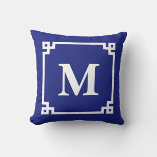 Classic Navy Blue Greek Key Border Monogram Cushion