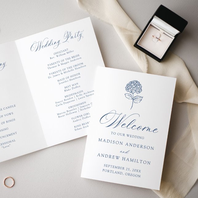 Classic Navy Blue Hydrangea Wedding Program Programme (Creator Uploaded)