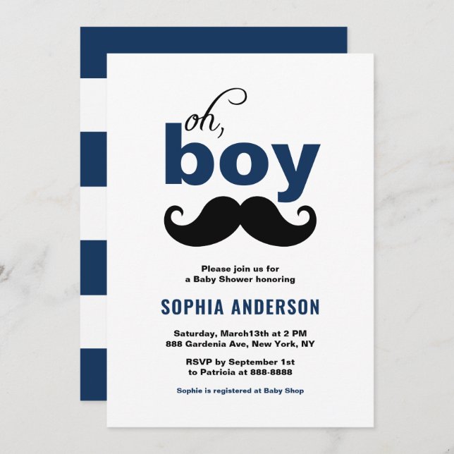 Classic Navy Blue It's a Boy Moustache Baby Shower Invitation (Front/Back)