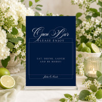 Classic Navy Blue Ivory Calligraphy Open Bar Sign