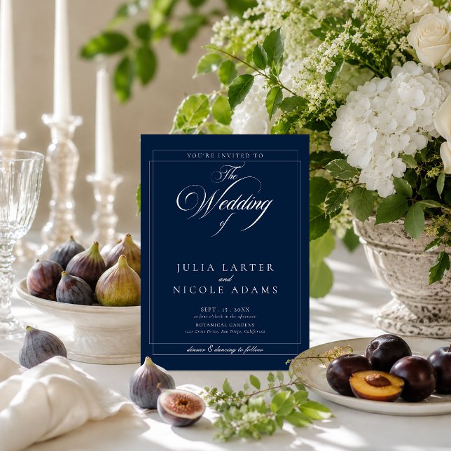 Classic Navy Blue Ivory Calligraphy Photo Wedding Invitation (Creator Uploaded)