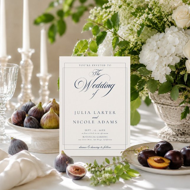 Classic Navy Blue Ivory Calligraphy Photo Wedding Invitation (Creator Uploaded)