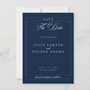 Classic Navy Blue Ivory Calligraphy Photo Wedding Save The Date
