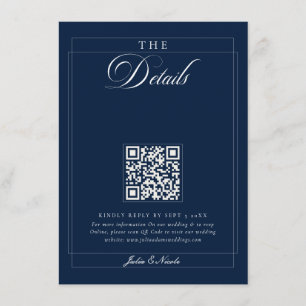 Classic Navy Blue Ivory Calligraphy QR Details Enclosure Card