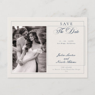 Classic Navy Blue Ivory Calligraphy Save The Date Postcard