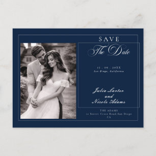 Classic Navy Blue Ivory Calligraphy Save The Date Postcard