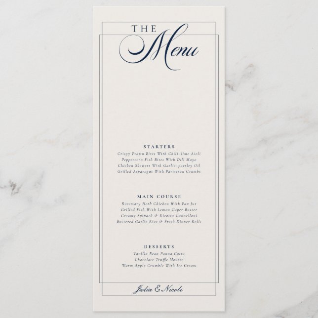 Classic Navy Blue Ivory Calligraphy Wedding Menu (Front)