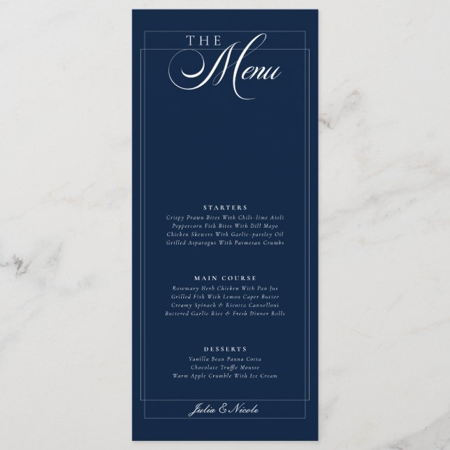 Classic Navy Blue Ivory Calligraphy Wedding Menu (Front)