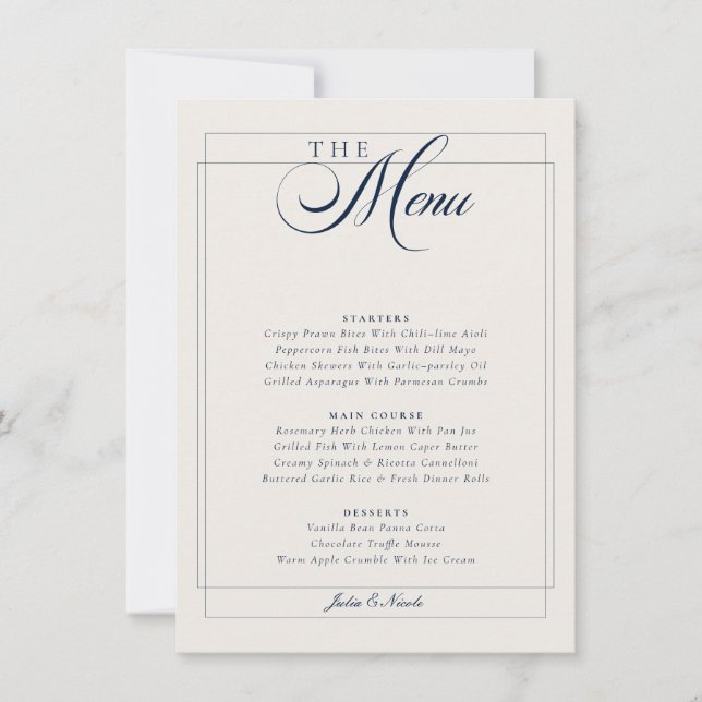 Classic Navy Blue Ivory Calligraphy Wedding Menu Invitation (Front)