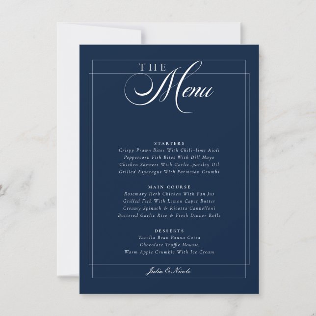 Classic Navy Blue Ivory Calligraphy Wedding Menu Invitation (Front)