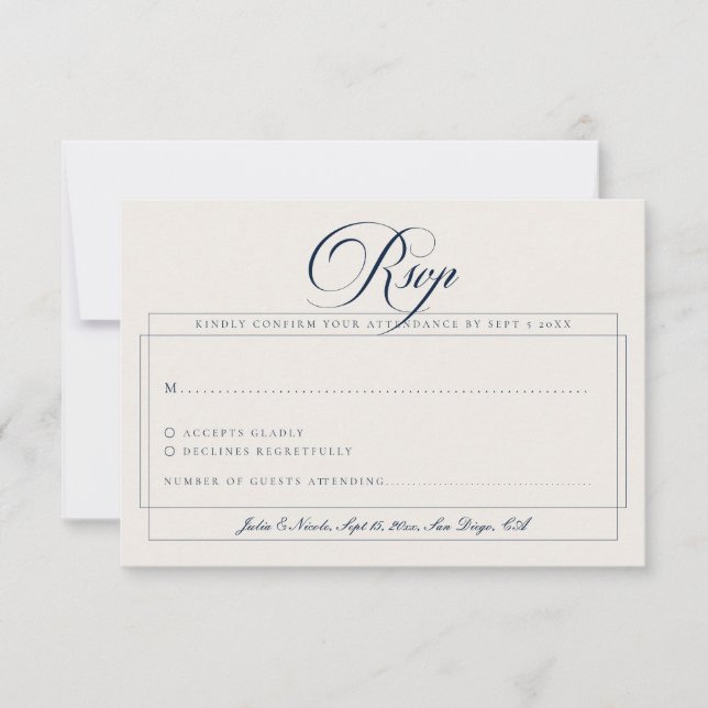 Classic Navy Blue Ivory Calligraphy Wedding RSVP Card (Front)